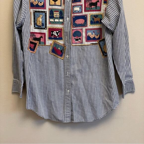The Quacker Factory M long sleeve button down shirt gingham farm animals blue - Picture 3 of 8